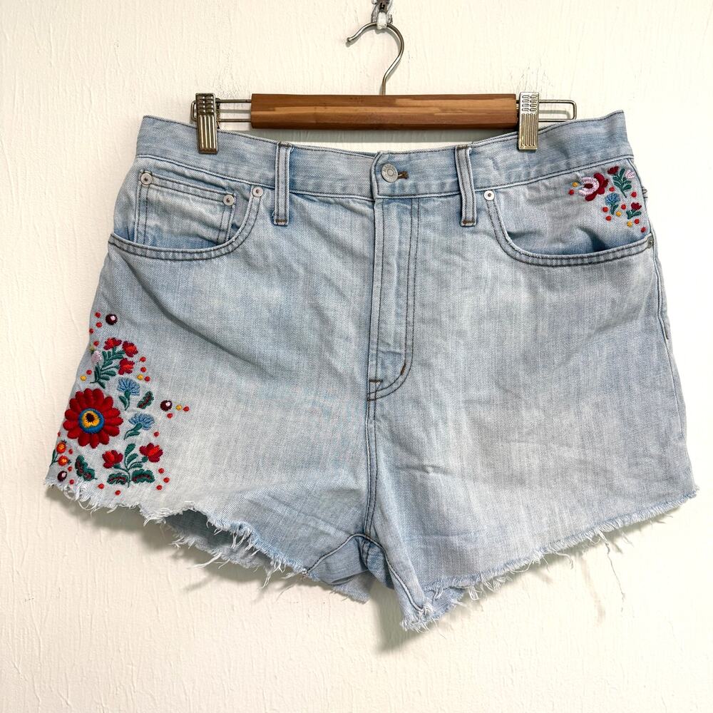 Madewell Womens Perfect Jean Short 31 Light Blue Denim Cutoff Floral Embroidered